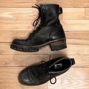 Vintage Frye Women’s Black Leather Lace Up Logger Boots size 7.5, Vibram Soles